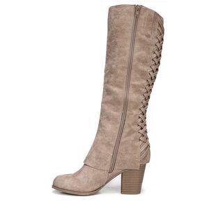 Fergalicious Tootise size 10 Wide Calf Knee High Boots Heel Lace Up Taupe